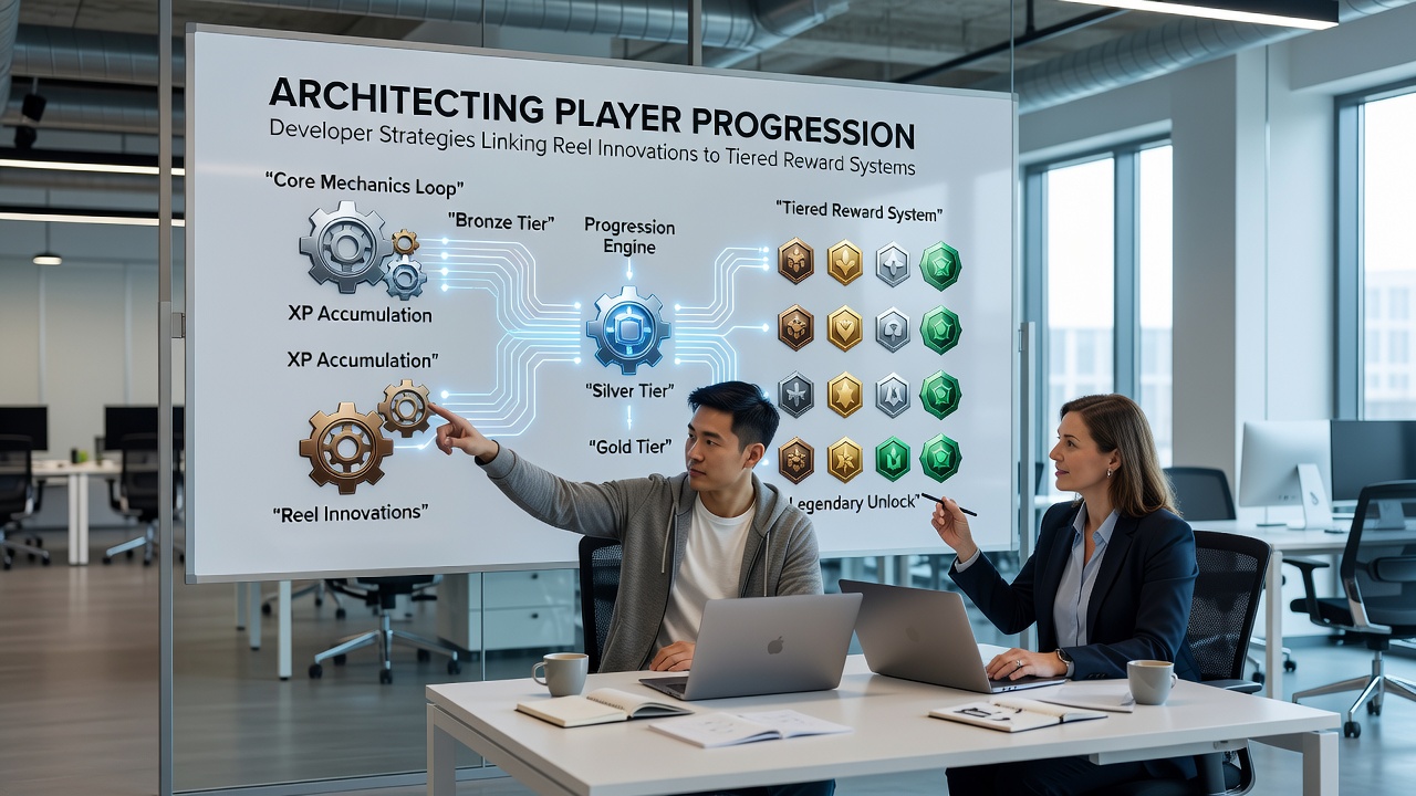 Developer dashboard illustrating reel innovation metrics connected to tiered mobile reward structures