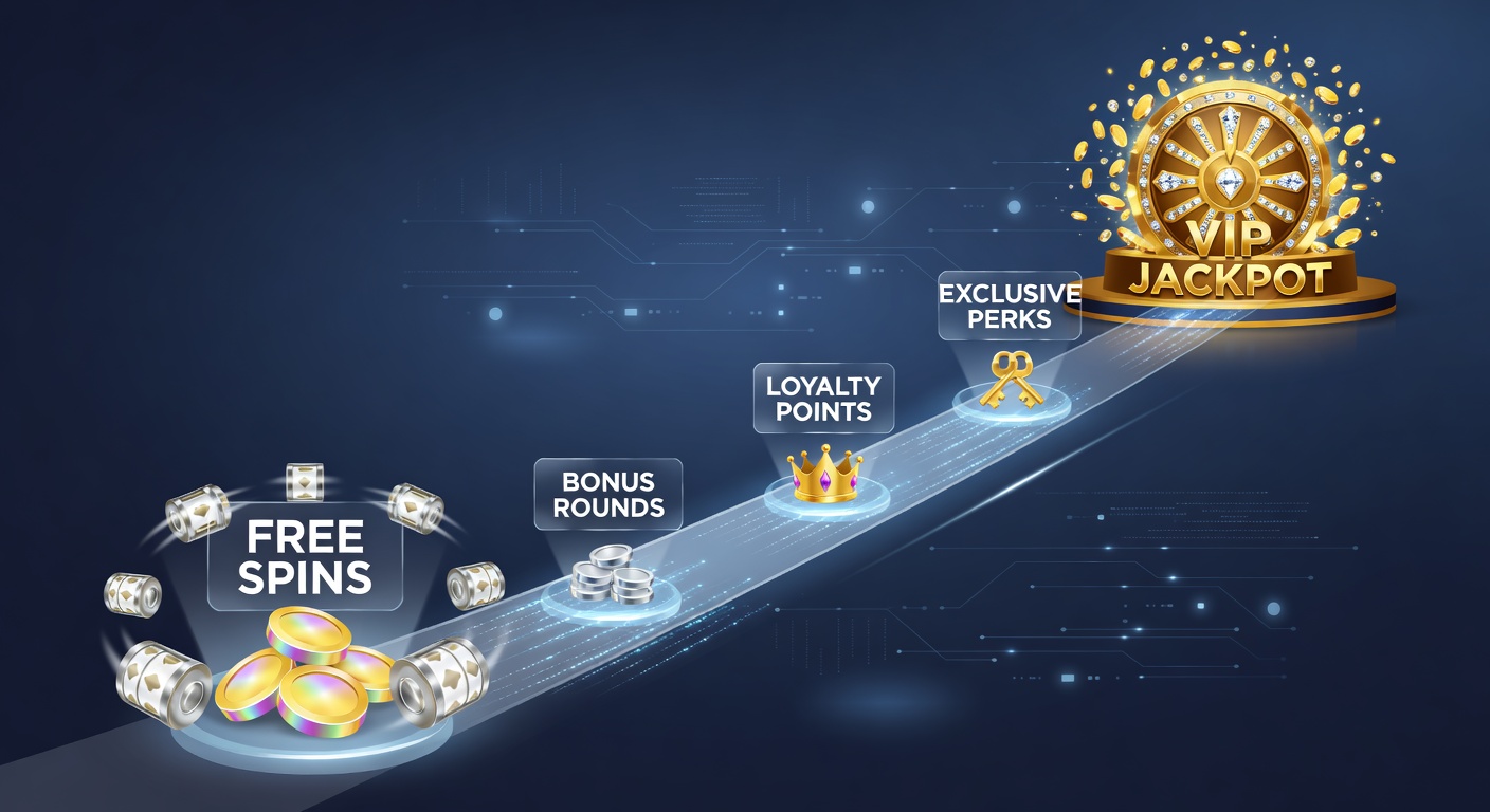 Dynamic graphic of a loyalty ladder climbing from basic free spins through tiered bonuses to elite VIP jackpots exploding with coins and multipliers