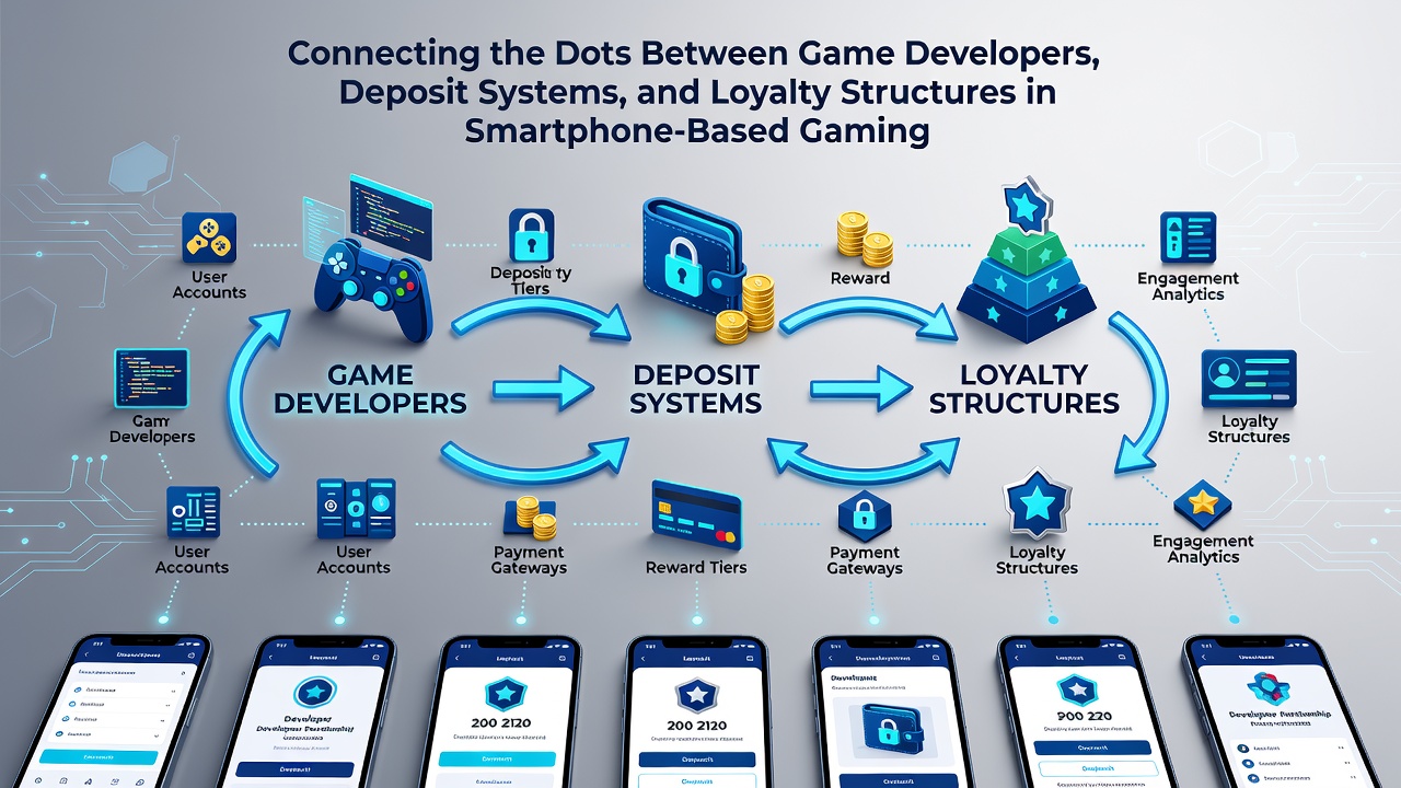 Diagram illustrating connections between game developer servers, payment gateways, and loyalty reward dashboards on mobile devices
