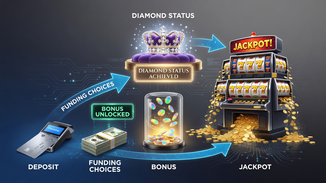 Infographic showing progression from initial deposit through bonus tiers to diamond VIP status and jackpot access in mobile casinos