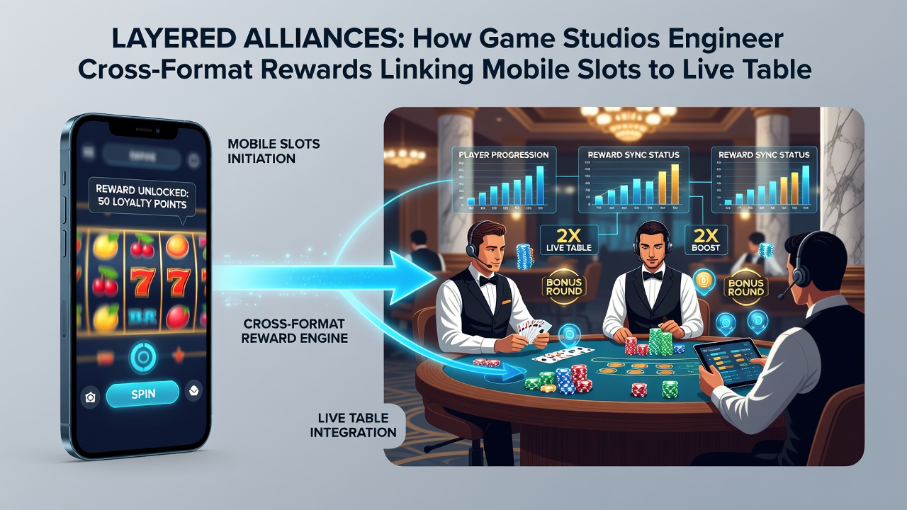 Live casino table with overlaid mobile app notifications displaying tiered player perks earned from slot sessions