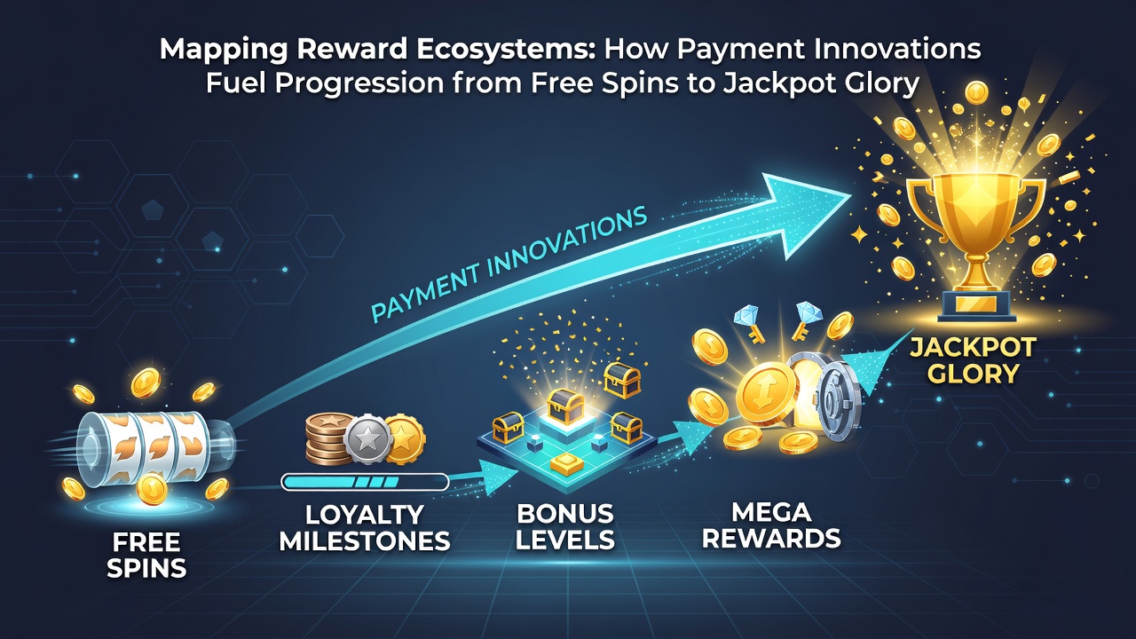 Illustration of reward ecosystem layers from free spins and mobile deposits advancing to live dealer jackpots and VIP prestige in UK gaming