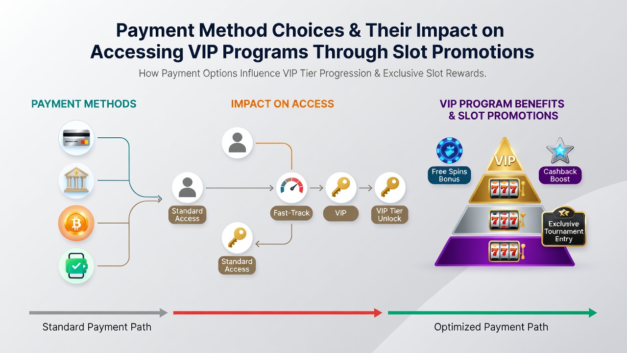 Illustration of escalating VIP tiers connected to slot promotions and rapid payment processing flows