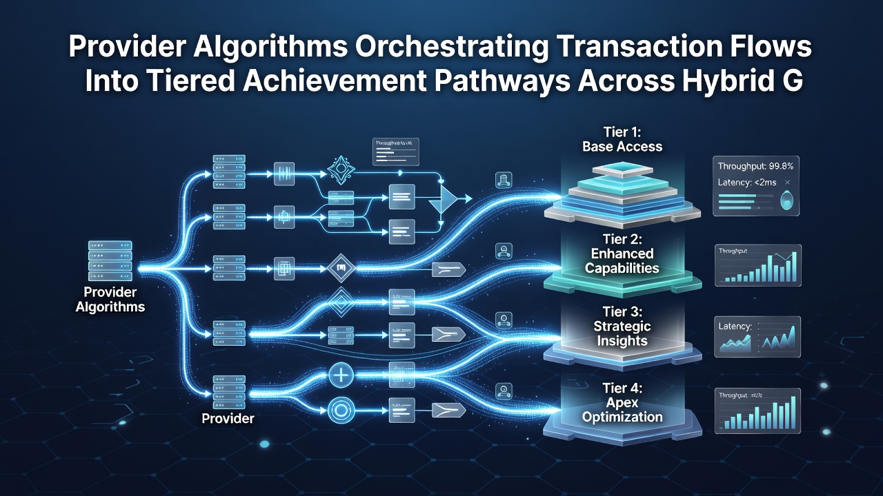 Hybrid gaming platforms showing tiered achievement pathways linked by provider algorithms