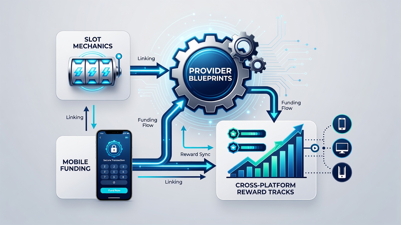 Illustration of mobile funding linking slot features to multi-platform rewards