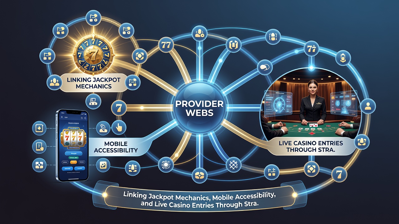 Diagram depicting strategic bonus and payment alignments connecting mobile devices, jackpot meters, and live dealer tables in provider network architecture