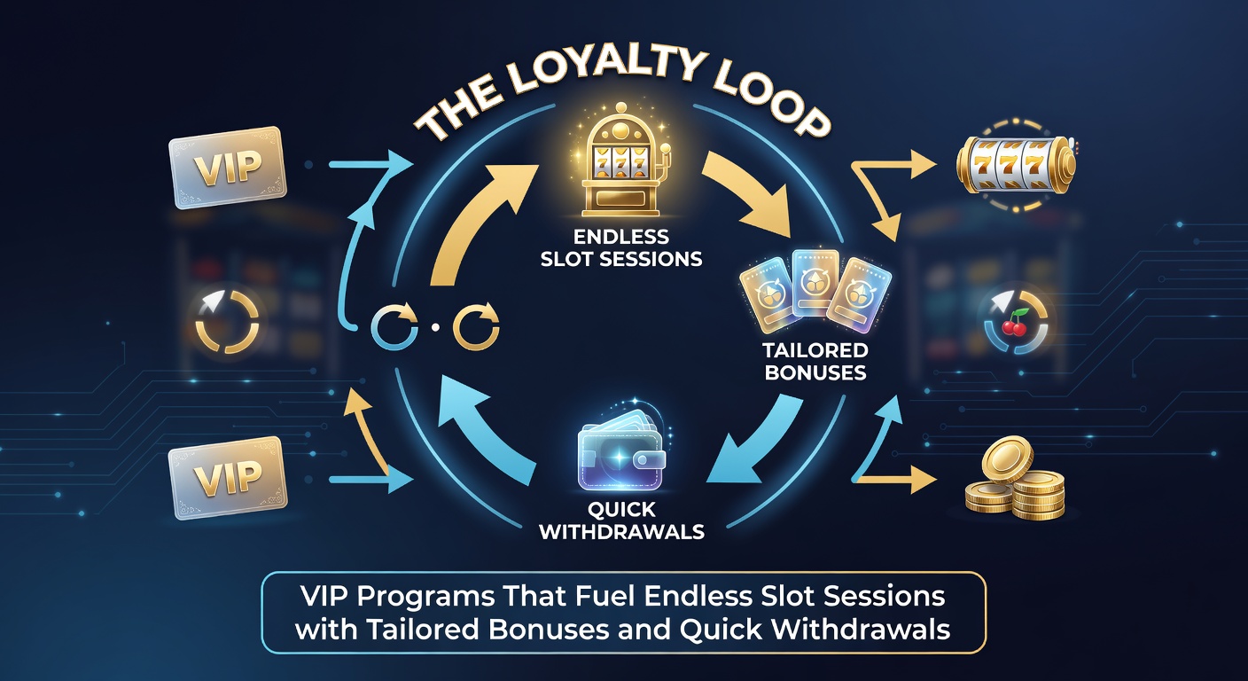 Sleek VIP lounge graphic with slot reels, golden trophies, and speedometer icons representing quick withdrawals and bonus escalations